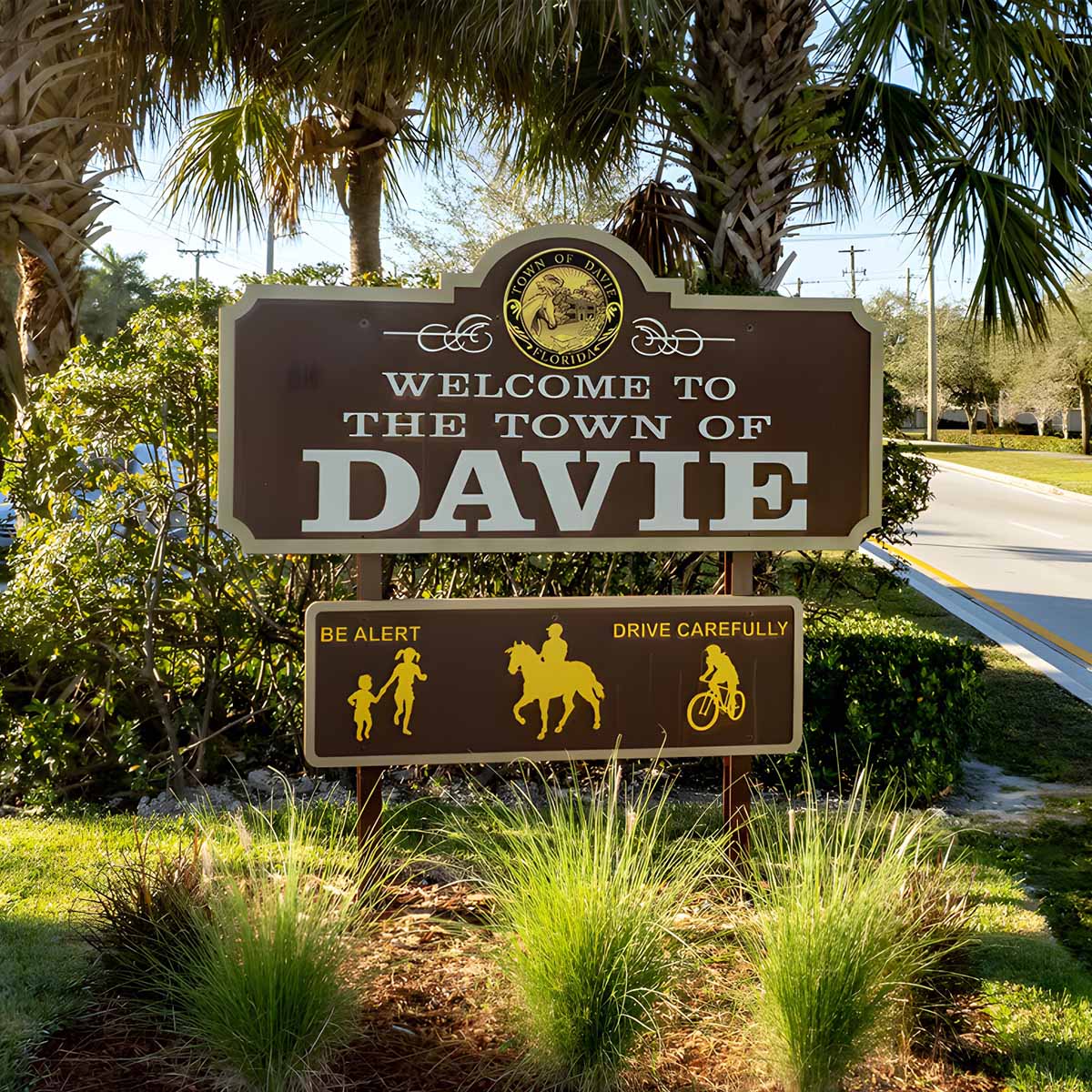 a brown sign welcome to Davie Florida