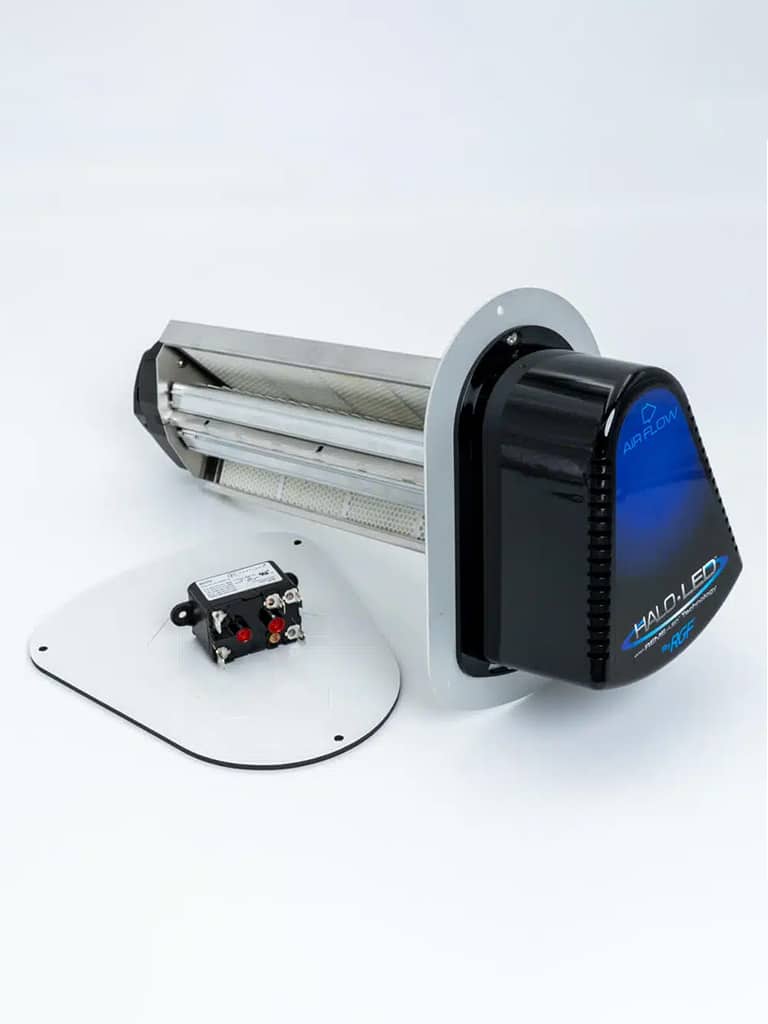 a black and silver machine with a blue box halo led